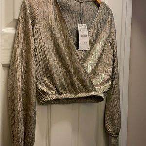 Zara Gold Metallic Long Sleeve Crop Blouse Size S